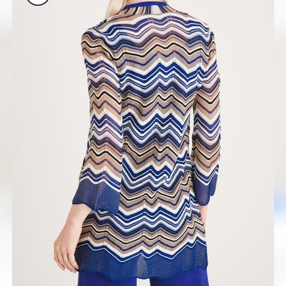 Travelers Collection by Chico's Blue/White/Brown Zig Zag Stitch Cardigan - Picture 2 of 7